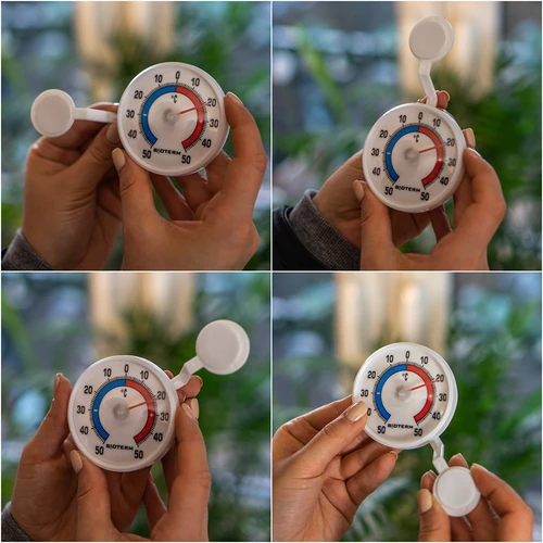 Universele zelfklevende thermometer (-50°C tot +50°C) Ø 7,2cm - 5 ['universele thermometer', ' buitenthermometer', ' raampthermometer', ' balkonthermometer', ' vensterthermometer', ' thermometer', ' thermometer met duidelijke schaal', ' thermometer van kunststof', ' ruitthermometer', ' zelfklevende thermometer', ' tweezijdige thermometer']