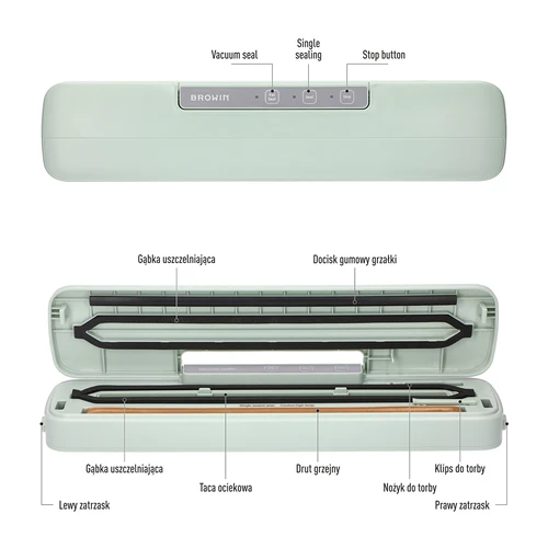 Vacuümmachine - universeel, pistachekleur - 8 ['vacuümverpakking', ' vacuümmachines', ' voedselopslag', ' geribbelde zakken', ' zakken sealen', ' vacuümverpakkingsmachine', ' vacuümverpakker', ' voor voedselverpakking', ' vacuümverpakkingsset', ' folie voor sealmachine', ' voor vlees', ' voor vis', ' voor kaas', ' hoe de houdbaarheid van voedingsmiddelen te verlengen', ' voedselopslag thuis', ' als cadeau', ' keukenapparatuur', ' praktische keukenaccessoires', ' efficiënte vacuümmachine', ' saliekleur', ' pistachekleur']