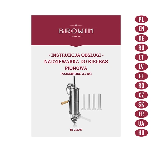 Verticale vuller 2,5 kg - 9 ['worstenvuller', ' voor zelfgemaakte worsten', ' voor vleeswaren', ' voor Krakauer', ' thuisvleeswaren', ' voor darmen', ' voor eiwitomhulsels', ' hoe worsten vullen', ' worstenvuller', ' vleesvuller', ' verticale vuller']