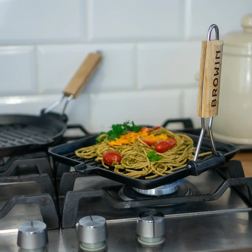 Vierkante gietijzeren pan, 22 cm - 5 ['gietijzeren pan', ' pan met houten handvat', ' pan met inklapbaar handvat', ' gietijzeren kookgerei', ' grill']
