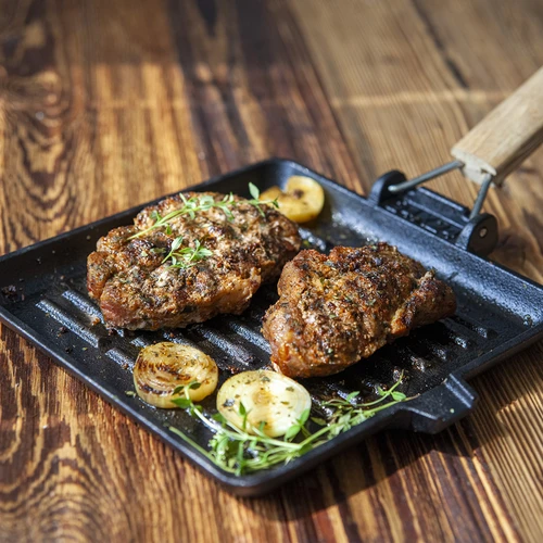 Vierkante gietijzeren pan, 22 cm - 7 ['gietijzeren pan', ' pan met houten handvat', ' pan met inklapbaar handvat', ' gietijzeren kookgerei', ' grill']
