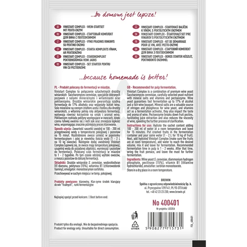 Vinistart Complex, 20 g - 2 ['Pectines', ' Anti-gelmiddelen', ' wijnset', ' fruitgist', ' portwijngist', ' wijngist', ' rode wijngist', ' zuivere wijn', ' gist', ' droge gist', ' droge wijngist', ' fruitwijngist', ' gist + voedingsstof', ' rode wijn', ' witte wijn', ' Fermivin', ' rode wijn witte wijn']