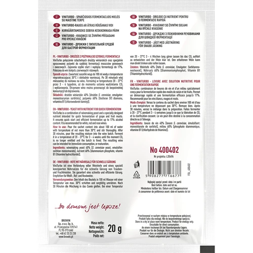 ViniTurbo - gist voor snelle fermentatie, 20 g - 2 ['gist met voedingsstof', ' wijngist met voedingsstof', ' wijnmaakgist met voedingsstof', ' gist en voedingsstof voor wijn', ' voedingsstof voor wijn', ' actieve gedroogde wijngist', ' wijngist', ' gist voor wijn', ' wijnmaakgist', ' gedroogde wijnmaakgist', ' gedroogde gist', ' gedroogde gist voor wijn', ' gist voor rode wijn', ' gist voor witte wijn', ' gist voor roséwijn']