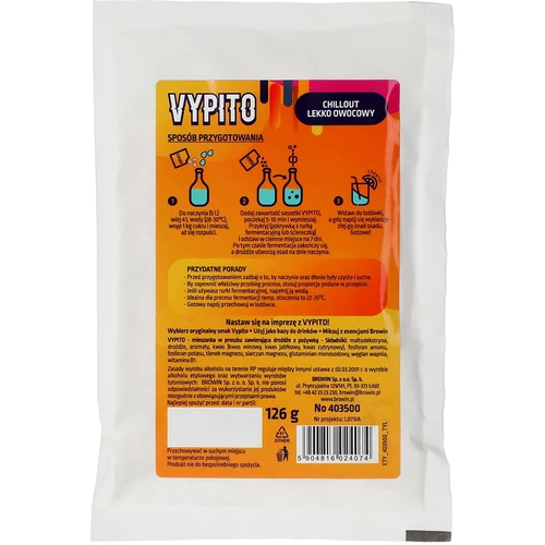 VYPITO 12%, zakje voor 18 drankjes - Chillout licht fruitig, 126 g - 2 ['voor drankjes', ' voor alcohol', ' snelle fermentatie', ' mix voor het maken van dranken', ' ideaal voor drankjes', ' om alcohol te maken', ' frisdranken', ' DIY alcohol', ' DIY dranken', ' zelfgemaakte drankjes', ' handgemaakte alcohol', ' alcoholische cocktails', ' voor dranken met alcohol', ' energiedrank', ' smaakdrankjes', ' chillout', ' alcohol voor een feestje', ' zelfgemaakte alcohol', ' zelfgemaakte dranken', ' gist met voedingsstoffen', ' thuisgistfermentatie']