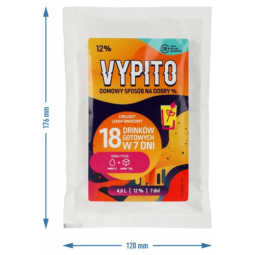 VYPITO 12%, zakje voor 18 drankjes - Chillout licht fruitig, 126 g - 4 ['voor drankjes', ' voor alcohol', ' snelle fermentatie', ' mix voor het maken van dranken', ' ideaal voor drankjes', ' om alcohol te maken', ' frisdranken', ' DIY alcohol', ' DIY dranken', ' zelfgemaakte drankjes', ' handgemaakte alcohol', ' alcoholische cocktails', ' voor dranken met alcohol', ' energiedrank', ' smaakdrankjes', ' chillout', ' alcohol voor een feestje', ' zelfgemaakte alcohol', ' zelfgemaakte dranken', ' gist met voedingsstoffen', ' thuisgistfermentatie']