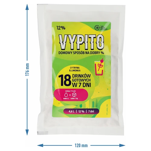 VYPITO 12%, zakje voor 18 drankjes - Citroen & limoen, 126 g - 4 ['voor drankjes', ' voor alcohol', ' snelle fermentatie', ' mix voor het maken van dranken', ' ideaal voor drankjes', ' om alcohol te maken', ' frisdranken', ' DIY alcohol', ' DIY dranken', ' zelfgemaakte drankjes', ' handgemaakte alcohol', ' alcoholische cocktails', ' voor dranken met alcohol', ' energiedrank', ' smaakdrankjes', ' chillout', ' alcohol voor een feestje', ' zelfgemaakte alcohol', ' zelfgemaakte dranken', ' gist met voedingsstoffen', ' thuisgistfermentatie']