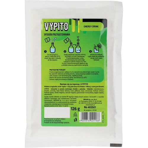 VYPITO 12%, zakje voor 18 drankjes - Energiedrank, 126 g - 2 ['voor drankjes', ' voor alcohol', ' snelle fermentatie', ' mix voor het maken van dranken', ' ideaal voor drankjes', ' om alcohol te maken', ' frisdranken', ' doe-het-zelf alcohol', ' doe-het-zelf dranken', ' zelfgemaakte drankjes', ' handgemaakte alcohol', ' alcoholische cocktails', ' voor dranken met alcohol', ' energiedrank', ' smaakdrankjes', ' chillout', ' alcohol voor een feestje', ' zelfgemaakte alcohol', ' zelfgemaakte dranken', ' gist met voedingsstoffen', ' thuisgistfermentatie', ' energiedrank']