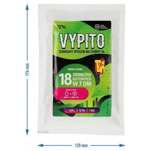 VYPITO 12%, zakje voor 18 drankjes - Energiedrank, 126 g - 4 ['voor drankjes', ' voor alcohol', ' snelle fermentatie', ' mix voor het maken van dranken', ' ideaal voor drankjes', ' om alcohol te maken', ' frisdranken', ' doe-het-zelf alcohol', ' doe-het-zelf dranken', ' zelfgemaakte drankjes', ' handgemaakte alcohol', ' alcoholische cocktails', ' voor dranken met alcohol', ' energiedrank', ' smaakdrankjes', ' chillout', ' alcohol voor een feestje', ' zelfgemaakte alcohol', ' zelfgemaakte dranken', ' gist met voedingsstoffen', ' thuisgistfermentatie', ' energiedrank']