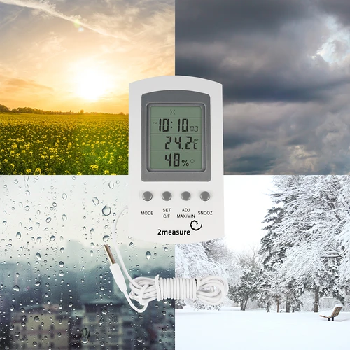 Weerstation – elektronisch, sonde, wit - 13 ['weerstations', ' thuis weerstation', ' temperatuur', ' omgevingstemperatuur', ' temperatuurregeling', ' elektronische thermometer', ' binnenthermometer', ' buitenthermometer', ' thermometer buiten', ' thermometer met sonde', ' elektronische thermometer met sonde', ' hygrometer', ' thermometer met hygrometer', ' thermometer met luchtvochtigheidsmeter', ' luchtvochtigheidsmeter']