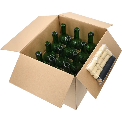 Wijnfles 0,75L met kurken en krimpkappen - 12 stuks  - 1 ['wijnflessen', ' flessenset', ' flessen 12 stuks', ' flessen met kurken', ' wijnflessen', ' krimpkappen', ' wijnset', ' flessen 750 ml', ' doos flessen', ' huisgemaakte wijn', ' kurken stoppen', ' flessendoos']