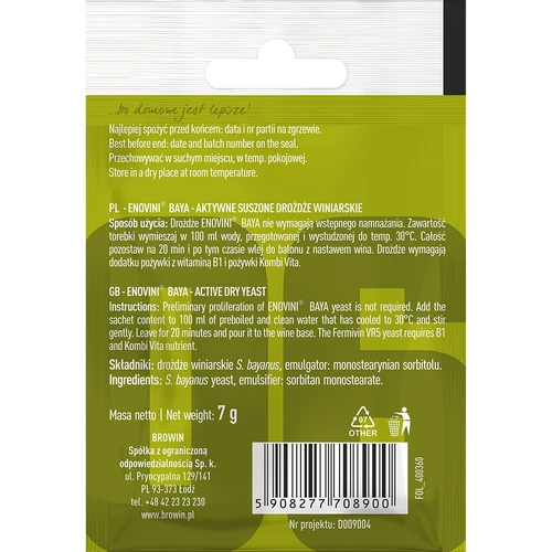 Wijngist Enovini® BAYA, 7 g - 2 ['edelgist', ' wijngist', ' gedroogde wijngist', ' gist voor witte wijnen', ' voor roséwijnen', ' bayanus-gist', ' gist voor herstart van fermentatie', ' gist voor fermentatie']