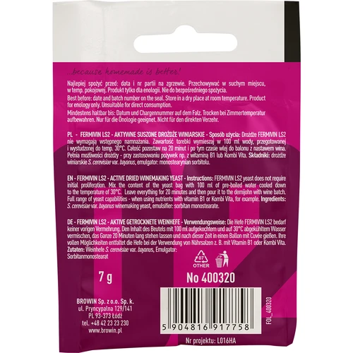 Wijngist Fermivin LS2, 7 g - 2 ['edelgist', ' wijngist', ' gedroogde wijngist', ' Fermivin LS2', ' gist voor rode wijnen', ' voor roséwijnen', ' voor mousserende wijnen', ' gist voor herstart van wijn', ' gist voor herstart van fermentatie', ' gist voor fermentatie']