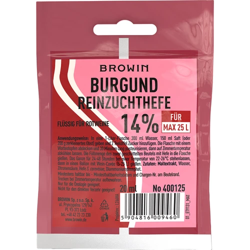 Wijnmakersgist Bourgogne, 20 ml DE/EN  - 1 ['wijnmakersgist', ' Bourgogne-gist', ' gist voor rode wijn', ' vloeibare gist', ' gist in vloeibare vorm', ' Browin-gist', ' Biowin-gist', ' gist voor wijn', ' wijnmaken', ' wijnmakerij apparatuur', ' gewone gist voor wijn']