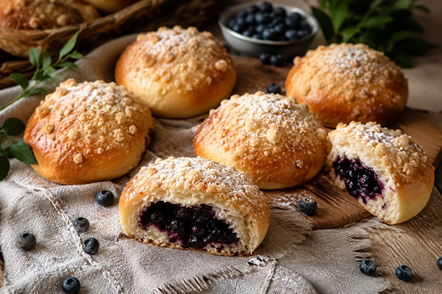 Zelfgemaakte bosbessenbroodjes - zacht, luchtig en vol bosbessen!